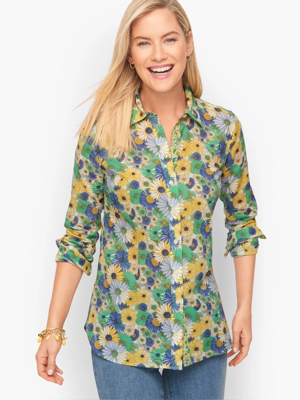 Talbots 100% Cotton Button Front Shirt Flower Power Blue Green Yellow XL
